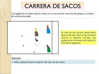 CARRERA DE SACOS Los jugadores se meten hasta la cintura en un saco fuerte, como los de patatas y se sitúan en una línea de salida. Se trata de una carrera, dando saltos dentro del saco. Gana el que primero recorre la distancia marcada, que puede variar en función de la edad y el nivel de los jugadores. 1- Saltar sujetando la parte superior del saco con las manos REGLAS: 