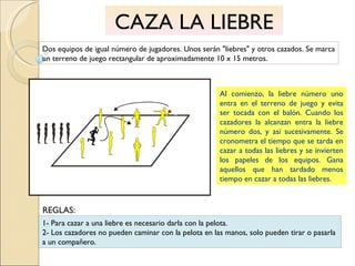 CAZA LA LIEBRE Dos equipos de igual número de jugadores. Unos serán "liebres" y otros cazados. Se marca un terreno de juego rectangular de aproximadamente 10 x 15 metros. Al comienzo, la liebre número uno entra en el terreno de juego y evita ser tocada con el balón. Cuando los cazadores la alcanzan entra la liebre número dos, y así sucesivamente. Se cronometra el tiempo que se tarda en cazar a todas las liebres y se invierten los papeles de los equipos. Gana aquellos que han tardado menos tiempo en cazar a todas las liebres. 1- Para cazar a una liebre es necesario darla con la pelota. 2- Los cazadores no pueden caminar con la pelota en las manos, solo pueden tirar o pasarla a un compañero. REGLAS: 