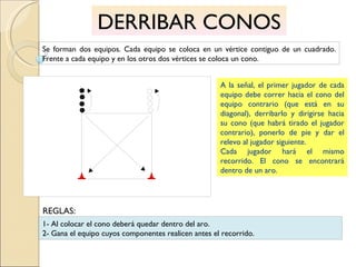 DERRIBAR CONOS Se forman dos equipos. Cada equipo se coloca en un vértice contiguo de un cuadrado. Frente a cada equipo y en los otros dos vértices se coloca un cono. A la señal, el primer jugador de cada equipo debe correr hacia el cono del equipo contrario (que está en su diagonal), derribarlo y dirigirse hacia su cono (que habrá tirado el jugador contrario), ponerlo de pie y dar el relevo al jugador siguiente. Cada jugador hará el mismo recorrido. El cono se encontrará dentro de un aro. 1- Al colocar el cono deberá quedar dentro del aro. 2- Gana el equipo cuyos componentes realicen antes el recorrido. REGLAS: 