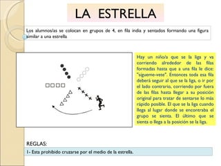 LA  ESTRELLA Los alumnos/as se colocan en grupos de 4, en fila india y sentados formando una figura similar a una estrella Hay un niño/a que se la liga y va corriendo alrededor de las filas formadas hasta que a una fila le dice: "sígueme-vete". Entonces toda esa fila deberá seguir al que se la liga, o ir por el lado contrario, corriendo por fuera de las filas hasta llegar a su posición original para tratar de sentarse lo más rápido posible. El que se la liga cuando llega al lugar donde se encontraba el grupo se sienta. El último que se sienta o llega a la posición se la liga. 1- Esta prohibido cruzarse por el medio de la estrella. REGLAS: 