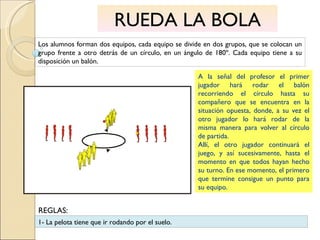 RUEDA LA BOLA Los alumnos forman dos equipos, cada equipo se divide en dos grupos, que se colocan un grupo frente a otro detrás de un círculo, en un ángulo de 180º. Cada equipo tiene a su disposición un balón. A la señal del profesor el primer jugador hará rodar el balón recorriendo el círculo hasta su compañero que se encuentra en la situación opuesta, donde, a su vez el otro jugador lo hará rodar de la misma manera para volver al círculo de partida.  Allí, el otro jugador continuará el juego, y así sucesivamente, hasta el momento en que todos hayan hecho su turno. En ese momento, el primero que termine consigue un punto para su equipo. 1- La pelota tiene que ir rodando por el suelo. REGLAS: 