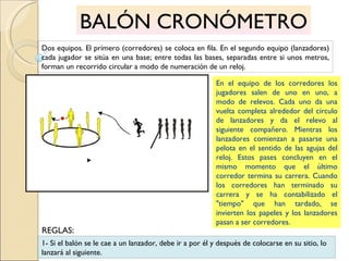 BALÓN CRONÓMETRO Dos equipos. El primero (corredores) se coloca en fila. En el segundo equipo (lanzadores) cada jugador se sitúa en una base; entre todas las bases, separadas entre si unos metros, forman un recorrido circular a modo de numeración de un reloj. En el equipo de los corredores los jugadores salen de uno en uno, a modo de relevos. Cada uno da una vuelta completa alrededor del círculo de lanzadores y da el relevo al siguiente compañero. Mientras los lanzadores comienzan a pasarse una pelota en el sentido de las agujas del reloj. Estos pases concluyen en el mismo momento que el último corredor termina su carrera. Cuando los corredores han terminado su carrera y se ha contabilizado el "tiempo" que han tardado, se invierten los papeles y los lanzadores pasan a ser corredores. 1- Si el balón se le cae a un lanzador, debe ir a por él y después de colocarse en su sitio, lo lanzará al siguiente. REGLAS: 