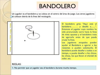 BANDOLERO Un jugador es el bandolero y se coloca en el centro del área de juego. Los otros jugadores se colocan detrás de la línea del rectángulo. El bandolero grita "Aquí está el bandolero……… y desafía a.........". Entonces el jugador cuyo nombre ha sido pronunciado corre hacia la línea de meta opuesta y el bandolero trata de agarrarle antes de que pueda cruzar la línea.  Los jugadores atrapados pueden ayudar al Bandolero a agarrar a los restantes o pueden substituirlo. El bandolero puede desafiar a todos a un tiempo, o puede desafiar a los chicos, las chicas, los que lleven el chándal de color, etc. 1- No permitir que un jugador sea el bandolero durante mucho tiempo. REGLAS: 