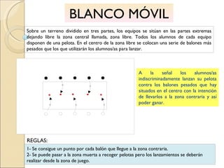 BLANCO MÓVIL Sobre un terreno dividido en tres partes, los equipos se sitúan en las partes extremas dejando libre la zona central llamada, zona libre. Todos los alumnos de cada equipo disponen de una pelota. En el centro de la zona libre se colocan una serie de balones más pesados que los que utilizarán los alumnos/as para lanzar. A la señal los alumnos/as indiscriminadamente lanzan su pelota contra los balones pesados que hay situados en el centro con la intención de llevarlos a la zona contraria y así poder ganar. 1- Se consigue un punto por cada balón que llegue a la zona contraria. 2- Se puede pasar a la zona muerta a recoger pelotas pero los lanzamientos se deberán realizar desde la zona de juego. REGLAS: 