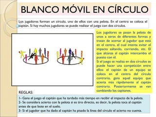 BLANCO MÓVIL EN CÍRCULO Los jugadores forman un círculo, uno de ellos con una pelota. En el centro se coloca el capitán. Si hay muchos jugadores se puede realizar el juego con dos círculos. Los jugadores se pasan la pelota de unos a otros de diferentes formas y tratan de acertar al jugador que está en el centro, el cual intenta evitar el impacto saltando, corriendo, etc. El que alcanza al capitán intercambia el puesto con él. Si el juego se realiza en dos círculos se puede hacer una competición entre ellos: el capitán de un equipo se coloca en el centro del círculo contrario, gana aquel equipo que acierta más rápidamente al capitán contrario. Posteriormente se van cambiando los capitanes. 1- Gana el juego el capitán que ha tardado más tiempo en recibir el impacto de la pelota. 2- Se considera acierto con la pelota si es tiro directo, es decir, la pelota toca al capitán antes de que bote en el suelo. 3- Si el jugador que ha dado al capitán ha pisado la línea del círculo el acierto no cuenta. REGLAS: 