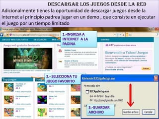 Descargar los juegos desde la red
Adicionalmente tienes la oportunidad de descargar juegos desde la
internet al principio padrea jugar en un demo , que consiste en ejecutar
el juego por un tiempo limitado