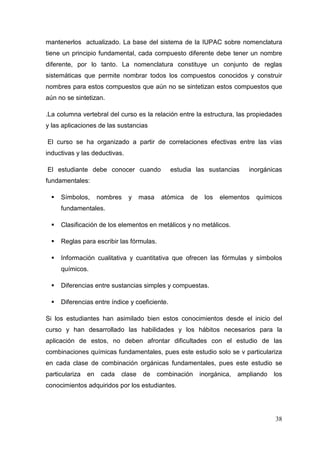 38
mantenerlos actualizado. La base del sistema de la IUPAC sobre nomenclatura
tiene un principio fundamental, cada compuesto diferente debe tener un nombre
diferente, por lo tanto. La nomenclatura constituye un conjunto de reglas
sistemáticas que permite nombrar todos los compuestos conocidos y construir
nombres para estos compuestos que aún no se sintetizan estos compuestos que
aún no se sintetizan.
.La columna vertebral del curso es la relación entre la estructura, las propiedades
y las aplicaciones de las sustancias
El curso se ha organizado a partir de correlaciones efectivas entre las vías
inductivas y las deductivas.
El estudiante debe conocer cuando estudia las sustancias inorgánicas
fundamentales:
Símbolos, nombres y masa atómica de los elementos químicos
fundamentales.
Clasificación de los elementos en metálicos y no metálicos.
Reglas para escribir las fórmulas.
Información cualitativa y cuantitativa que ofrecen las fórmulas y símbolos
químicos.
Diferencias entre sustancias simples y compuestas.
Diferencias entre índice y coeficiente.
Si los estudiantes han asimilado bien estos conocimientos desde el inicio del
curso y han desarrollado las habilidades y los hábitos necesarios para la
aplicación de estos, no deben afrontar dificultades con el estudio de las
combinaciones químicas fundamentales, pues este estudio solo se v particulariza
en cada clase de combinación orgánicas fundamentales, pues este estudio se
particulariza en cada clase de combinación inorgánica, ampliando los
conocimientos adquiridos por los estudiantes.
 