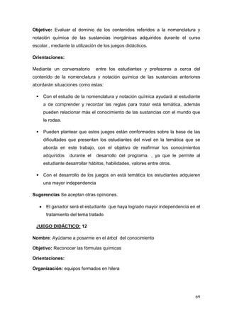 69
Objetivo: Evaluar el dominio de los contenidos referidos a la nomenclatura y
notación química de las sustancias inorgánicas adquiridos durante el curso
escolar., mediante la utilización de los juegos didácticos.
Orientaciones:
Mediante un conversatorio entre los estudiantes y profesores a cerca del
contenido de la nomenclatura y notación química de las sustancias anteriores
abordarán situaciones como estas:
Con el estudio de la nomenclatura y notación química ayudará al estudiante
a de comprender y recordar las reglas para tratar está temática, además
pueden relacionar más el conocimiento de las sustancias con el mundo que
le rodea.
Pueden plantear que estos juegos están conformados sobre la base de las
dificultades que presentan los estudiantes del nivel en la temática que se
aborda en este trabajo, con el objetivo de reafirmar los conocimientos
adquiridos durante el desarrollo del programa. , ya que le permite al
estudiante desarrollar hábitos, habilidades, valores entre otros.
Con el desarrollo de los juegos en está temática los estudiantes adquieren
una mayor independencia
Sugerencias Se aceptan otras opiniones.
• El ganador será el estudiante que haya logrado mayor independencia en el
tratamiento del tema tratado
JUEGO DIDÁCTICO: 12
Nombre: Ayúdame a posarme en el árbol del conocimiento
Objetivo: Reconocer las fórmulas químicas
Orientaciones:
Organización: equipos formados en hilera
 