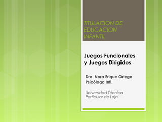 TITULACION DE
EDUCACION
INFANTIL


Juegos Funcionales
y Juegos Dirigidos

Dra. Nora Erique Ortega
Psicóloga Infl.

Universidad Técnica
Particular de Loja
 