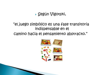    Según Vigotski,

“el juego simbólico es una fase transitoria
             indispensable en el
camino hacia el pensamiento abstracto.”
 