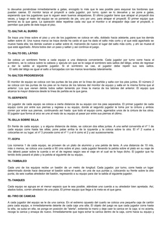lo devuelve poniéndose inmediatamente a gatas, encogido lo más que le sea posible para esquivar los bordones que
puedan caerse. El monitor lanza el proyectil a cada jugador, por turno, quien se lo devuelve y se pone a gatas,
esperando que los jugadores que lo siguen sean buenos atrapadores. El último jugador tiene que atrapar el proyectil dos
veces, y luego el resto del equipo se va poniendo de pie, uno por uno, para atrapar el proyectil. El primer equipo que
termina es la que gana. La operación debe repetirse cada vez que el monitor o el atrapador deja caer el proyectil, o
permitan que parte de éste toque el piso.
72.-SALTAR AL BURRO
Se traza una línea sobre el piso y uno de los jugadores se coloca en ella, doblado hacia adelante, para que los demás
salten sobre él. Una nueva marca se traza donde ha caído el que ha dado el salto más corto y el que está agachado se
mueve hasta ella; los demás vuelven a saltar sobre él, marcando de nuevo el lugar del salto más corto, y ahí se mueve el
que está agachado. Ahora todos dan un paso y saltan y así continúa el juego.
73.-SALTO DEL LÁTIGO
Se coloca un sombrero frente a cada equipo a una distancia conveniente. Cada jugador por turno corre hacia el
sombrero, se lo coloca sobre la cabeza y ejecuta sin que se le caiga el sombrero seis saltos del látigo, antes de regresar
a dar la salida al siguiente jugador. Si el sombrero se cae, el jugador debe repetir sus seis saltos.
El salto del látigo es igual al salto a horcajadas con las manos levantadas lateralmente.
74.-SALTOS PROGRESIVOS
El monitor de equipo se coloca con las puntas de los pies en la línea de partida y salta con los pies juntos. El número 2
se coloca con las puntas de los pies en la marca de los talones del monitor de equipo y salta en la misma forma que el
anterior. Los que vienen detrás todos saltan teniendo por línea la marca de los talones del anterior. El equipo que
alcance la mayor distancia desde la línea de partida es la que gana.
75.-SERPIENTE
Un jugador de cada equipo se coloca a cierta distancia de su equipo con los pies separados. El primer jugador de cada
equipo corre por entre sus piernas y regresa a su equipo, donde el segundo jugador le toma por la cintura y ambos
corren por entre sus piernas, continuando así hasta que todo el equipo corre, agarrados unos de la cintura de los otros.
El jugador que forma al arco se une al resto de su equipo al pasar por entre sus piernas el último.
76.-SILLA SOBRE SILLA
En frente de cada equipo. y a alguna distancia de éstas, se colocan dos sillas juntas. A una señal convenida el nº 1 de
cada equipo corre hasta las sillas; pone patas arriba la de la izquierda y la coloca sobre la otra. El nº 2 vuelve a
colocarlas en su lugar; el nº 3 procede como el nº 1 y el 4 como el 2 y así sucesivamente.
77.-SOPA
Los números 1 de cada equipo, se proveen de un plato de aluminio y una pelota de tenis. A una distancia de 10 mts,
más o menos, se coloca una cuerda a 60 cms sobre el piso; cada jugador llevando la pelota sobre el plato en su viaje de
ida deberá pasar sobre la cuerda o en el de regreso según sea el viaje en el cual se le haya dicho. El jugador que ha
tenido éxito pasará el plato y la pelota al siguiente de su equipo.
78.-TAMBALEO
Cada uno de los equipos recibe un bastón de un metro de longitud. Cada jugador, por turno, corre hasta un lugar
determinado donde hace descansar el bastón sobre el suelo, en una de sus puntas y, colocando su frente sobre la otra
punta, da seis vueltas alrededor del bastón, regresando a su equipo para dar la salida al siguiente jugador.
79.-TANQUES
Cada equipo se agrupa en el menor espacio que le sea posible. atándose una cuerda a su alrededor bien apretada. Así,
atados todos, corren alrededor de una pista. El primer equipo que llega a la meta es el que gana.
80.-TIRO DE CANICAS
A cada jugador del equipo se le da una canica. En el extremo opuesto del cuarto se coloca una pequeña caja de cartón
para cada equipo, e inmediatamente delante de cada caja una silla. El objeto del juego es que cada jugador corra hasta
la silla, se suba en ella, se ponga en posición de "alerta", extienda la mano y deje caer la canica en la caja; si no acierta,
recoge la canica y ensaya de nuevo. Inmediatamente que logra echar la canica dentro de la caja, corre hacia su equipo y
 