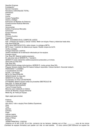 Descifrar Enigmas
Investigación
Servicio Voluntario
Periodismo CON ENLACE TOTAL:
Orientación
Fuegos
Cocina
Croquis Topográfico
Claves y Códigos
Estimación de Medidas de Distancia
Construcciones Rústicas Menores
Amarres
Herramientas
Estético Expresivas Manuales
Cancionero
Equipo Personal
Mochila
Primeros Auxilios
Topografía
PRE - ACCIONES EN EL CAMPO DE JUEGO
Fijar 1 itinerario por equipo y colocar víveres. Medir con brújula: Pasos y distancias hasta ellos.
Fijar Área EPSILON
ALFA lleva OBSTÁCULO 02 y retira croquis. Lo entrega a BETA.
BETA hace 1 medición de distancia por equipo. Recibe croquis de ALFA
Verifica vendajes.
Entrega distancias a estimar.
Verifica resultados de la estimación efectuada por los equipos.
Entrega croquis.
Fijar Área RO: Material estético-expresivo.
En esta área esta el SEÑOR PI y 1 banderín.
SEÑOR PI recibe elementos estético-expresivos producidos y el choice.
Ubica todo en Área SOL
Fijar Área SOL.
SEÑOR EQUIS entrega instrumentos a SEÑOR PI. Juntos arman Área SOL.
Preparar itinerario desde Área RO hasta el botiquín escondido. Colocar banderín. Esconder botiquín.
PERSONAS Y LUGARES
2 Coordinadores de CCE
ALFAS: 1 por equipo
BETA: En Área EPSILON
SEÑOR EQUIS: En Área RO
SEÑOR PI: En Área SOL
Accidentado: En Área CATÁSTROFE
ATCHENAR: Retiene equipos antes de proveerles OBSTÁCULO 08
Área SOL: P/ Cierre del Juego.
MATERIALES NECESARIOS
Trama Principal Escrita
Misiones para Catástrofe en Sobres
Choice de Mochila y Equipo Personal
Medio Kg. de Yerba por Equipo
Algún papel para envolver
Fósforos
1 Antorcha
Hilo sizal (1 rollo x equipo) Para Estético Expresivas:
Hilos
Tizas
Alambre
Cartulina
Papel
Lápices negros
Lápices de pasta
Hojas p/ Dibujo
Plastilina
TRAMA PRINCIPAL Y PISTAS
Estamos en el año 5.335. Es el 2do. comienzo de los tiempos. Ustedes son el Clan: ________, unos de los únicos
(Cantidad de equipos formados) que quedan con vida en esta estrella. El único camino para sobrevivir es superar los
 