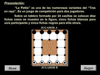 JuegosJuegos
Presentación:
“Le Pettie” es una de las numerosas variantes del “Tres
en raya”. Es un juego de competición para dos jugadores.
Sobre un tablero formado por 24 casillas se colocan diez
fichas como se muestra en la figura, cinco fichas blancas para
un/a participante y cinco fichas negras para el/la otro/a.
JUGADOR B
JUGADOR A
MenúMenú
 