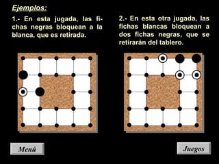 JuegosJuegosMenúMenú
Ejemplos:
1.- En esta jugada, las fi-
chas negras bloquean a la
blanca, que es retirada.
2.- En esta otra jugada, las
fichas blancas bloquean a
dos fichas negras, que se
retirarán del tablero.
 