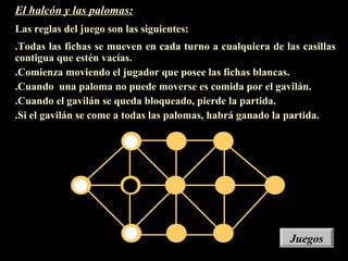 El halcón y las palomas:
Las reglas del juego son las siguientes:
.Todas las fichas se mueven en cada turno a cualquiera de las casillas
contigua que estén vacías.
.Comienza moviendo el jugador que posee las fichas blancas.
.Cuando una paloma no puede moverse es comida por el gavilán.
.Cuando el gavilán se queda bloqueado, pierde la partida.
.Si el gavilán se come a todas las palomas, habrá ganado la partida.
JuegosJuegos
 