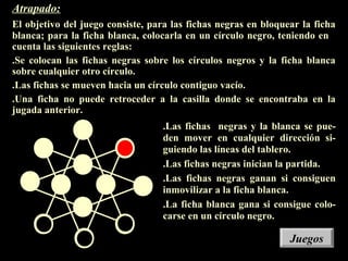 .Las fichas negras y la blanca se pue-
den mover en cualquier dirección si-
guiendo las líneas del tablero.
.Las fichas negras inician la partida.
.Las fichas negras ganan si consiguen
inmovilizar a la ficha blanca.
.La ficha blanca gana si consigue colo-
carse en un círculo negro.
Atrapado:
El objetivo del juego consiste, para las fichas negras en bloquear la ficha
blanca; para la ficha blanca, colocarla en un círculo negro, teniendo en
cuenta las siguientes reglas:
.Se colocan las fichas negras sobre los círculos negros y la ficha blanca
sobre cualquier otro círculo.
.Las fichas se mueven hacia un círculo contiguo vacío.
.Una ficha no puede retroceder a la casilla donde se encontraba en la
jugada anterior.
JuegosJuegos
 