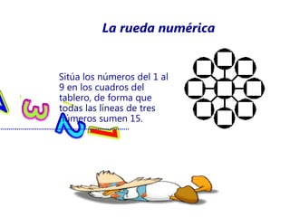 La rueda numérica


Sitúa los números del 1 al
9 en los cuadros del
tablero, de forma que
todas las líneas de tres
números sumen 15.
 