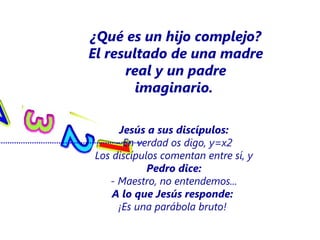 ¿Qué es un hijo complejo?
El resultado de una madre
      real y un padre
        imaginario.

     Jesús a sus discípulos:
    - En verdad os digo, y=x2
Los discípulos comentan entre sí, y
            Pedro dice:
   - Maestro, no entendemos...
    A lo que Jesús responde:
     ¡Es una parábola bruto!
 