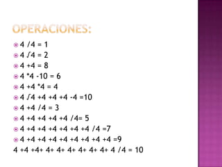 4  /4 = 1
 4 √4 = 2
 4 +4 = 8
 4 *4 -10 = 6
 4 +4 *4 = 4
 4 √4 +4 +4 +4 -4 =10
 4 +4 /4 = 3
 4 +4 +4 +4 +4 /4= 5
 4 +4 +4 +4 +4 +4 +4 /4 =7
 4 +4 +4 +4 +4 +4 +4 +4 +4 =9
4 +4 +4+ 4+ 4+ 4+ 4+ 4+ 4+ 4 /4 = 10
 