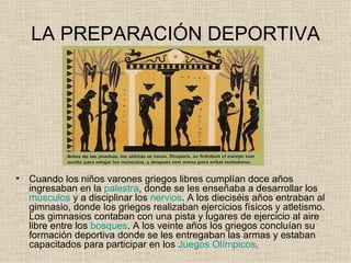 LA PREPARACIÓN DEPORTIVA




•   Cuando los niños varones griegos libres cumplían doce años
    ingresaban en la palestra, donde se les enseñaba a desarrollar los
    músculos y a disciplinar los nervios. A los dieciséis años entraban al
    gimnasio, donde los griegos realizaban ejercicios físicos y atletismo.
    Los gimnasios contaban con una pista y lugares de ejercicio al aire
    libre entre los bosques. A los veinte años los griegos concluían su
    formación deportiva donde se les entregaban las armas y estaban
    capacitados para participar en los Juegos Olímpicos.
 