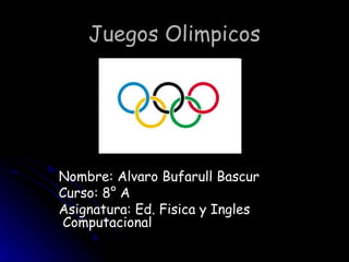Juegos Olimpicos




Nombre: Alvaro Bufarull Bascur
Curso: 8° A
Asignatura: Ed. Fisica y Ingles
 Computacional
 