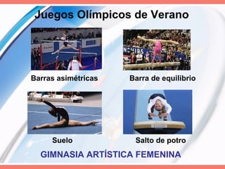 Juegos Olímpicos de Verano GIMNASIA ARTÍSTICA FEMENINA Barras asimétricas  Barra de equilibrio Suelo  Salto de potro 