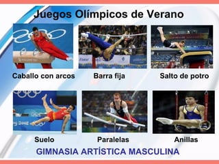 Juegos Olímpicos de Verano GIMNASIA ARTÍSTICA MASCULINA Caballo con arcos  Barra fija  Salto de potro Suelo  Paralelas  Anillas 