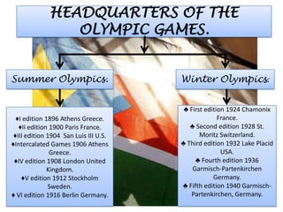 HEADQUARTERS OF THE
                 OLYMPIC GAMES.


Summer Olympics.                       Winter Olympics.


                                        ♣ First edition 1924 Chamonix
  ♦I edition 1896 Athens Greece.                     France.
   ♦II edition 1900 Paris France.         ♣ Second edition 1928 St.
 ♦III edition 1904 San Luis III U.S.          Moritz Switzerland.
♦Intercalated Games 1906 Athens        ♣ Third edition 1932 Lake Placid
               Greece.                                USA.
 ♦IV edition 1908 London United             ♣ Fourth edition 1936
              Kingdom.                     Garmisch-Partenkirchen
    ♦V edition 1912 Stockholm                      Germany.
              Sweden.                  ♣ Fifth edition 1940 Garmisch-
♦ VI edition 1916 Berlin Germany.         Partenkirchen, Germany.
 