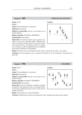JUEGOS Y DEPORTES 127
Etapa: E.S.O.
Ciclo: 1
Lugar: Pista polideportiva o gimnasio.
Material: Sin material.
Objetivo a desarrollar: Iniciar a los alumnos en la
marcha atlética.
Bloque específico: JUEGOS Y DEPORTES.
Organización: Gran grupo.
Desarrollo: Un alumno situado cara a la pared, can-
tando: “un, dos, tres, chocolate inglés”. Mientras éste
canta los demás marchan hacia él, parando cuando
éste termine la frase. Al terminar la frase el alumno
cara a la pared se girará rápidamente para comprobar
que todos los alumnos/as están parados.
Reglas: El alumno que no esté parado cuando el que se queda gira la cabeza, se la queda.
Variantes: Con dos jugadores cara a la pared. Corriendo en vez de marchando. Avanzando a la
pata coja.
Etapa: E.S.O.
Ciclo: 1
Lugar: Pista polideportiva o gimnasio.
Material: Sin material.
Objetivo a desarrollar: Iniciar a los alumnos en la
marcha atlética.
Bloque específico: JUEGOS Y DEPORTES.
Organización: Gran grupo.
Desarrollo: Todos los jugadores sentados rodeando
al profesor. Éste gritará un color. Los alumnos debe-
rán marchar rápidamente para tocar el color que ha
gritado el maestro.
Reglas: Sólo podremos avanzar marchando.
Variantes: Establecemos sistemas de puntuación. Gana el jugador que tenga menos puntos.
Juego n.º 186 COLORES
Juego n.º 185 CHOCOLATE INGLÉS
Gráfico:
Gráfico:
 