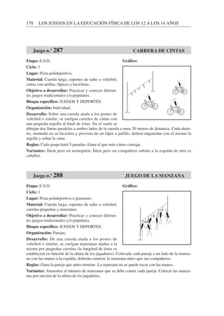 178 LOS JUEGOS EN LA EDUCACIÓN FÍSICA DE LOS 12 A LOS 14 AÑOS
Etapa: E.S.O.
Ciclo: 1
Lugar: Pista polideportiva.
Material: Cuerda larga, soportes de salto o voleibol,
cintas con anillas, lápices y bicicletas.
Objetivo a desarrollar: Practicar y conocer diferen-
tes juegos tradicionales y/o populares.
Bloque específico: JUEGOS Y DEPORTES.
Organización: Individual.
Desarrollo: Sobre una cuerda atada a los postes de
voleibol o similar, se cuelgan carretes de cintas con
una pequeña argolla al final de éstas. En el suelo se
dibujan dos líneas paralelas a ambos lados de la cuerda a unos 20 metros de distancia. Cada alum-
no, montado en su bicicleta y provisto de un lápiz o palillo, deberá enganchar con el mismo la
argolla y soltar la cinta.
Reglas: Cada grupo hará 5 pasadas. Gana el que más cintas consiga.
Variantes: Ídem pero en monopatín. Ídem pero un compañero subido a la espalda de otro (a
caballo).
Etapa: E.S.O.
Ciclo: 1
Lugar: Pista polideportiva o gimnasio.
Material: Cuerda larga, soportes de salto o voleibol,
cuerdas pequeñas y manzanas.
Objetivo a desarrollar: Practicar y conocer diferen-
tes juegos tradicionales y/o populares.
Bloque específico: JUEGOS Y DEPORTES.
Organización: Parejas.
Desarrollo: De una cuerda atada a los postes de
voleibol o similar, se cuelgan manzanas atadas a la
misma por pequeñas cuerdas (la longitud de éstas se
establecerá en función de la altura de los jugadores). Colocada cada pareja a un lado de la manza-
na con las manos a la espalda, deberán comerse la manzana antes que sus compañeros.
Reglas: Gana la pareja que antes termine. La manzana no se puede tocar con las manos.
Variantes: Aumentar el número de manzanas que se debe comer cada pareja. Colocar las manza-
nas por encima de la altura de los jugadores.
Juego n.º 287 CARRERA DE CINTAS
Juego n.º 288 JUEGO DE LA MANZANA
Gráfico:
Gráfico:
 