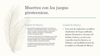 Muertes con los juegos
pirotecnicos.
Ciudad de Mexico
– Una explosión por juegos pirotécnicos en el municipio de
Tultepec, en el central Estado de México, dejó este jueves al
menos 19 muertos, incluyendo bomberos y policías que
acudían a atender la emergencia, y 40 lesionados,
informaron autoridades locales.
– "Tenemos una cifra preliminar de 19 fallecidos, de los cuales
uno es menor hasta este momento. Hay 40 lesionados en
diferentes hospitales", dijo a reporteros Alejandro Ozuna,
secretario de gobierno del Estado de México.
– La explosión ocurrió durante la mañana en donde están
ubicados los tradicionales talleres de pirotecnia que se
ubican en la zona.
Ciudad de Mexico
– Una serie de explosiones en talleres
clandestinos de fuegos artificiales
dejaron 24 muertos y al menos 49
heridos, el jueves, en una zona
conocida como La Saucera, en
Tultepec, una localidad al norte de
la capital, en el Estado de México.
 