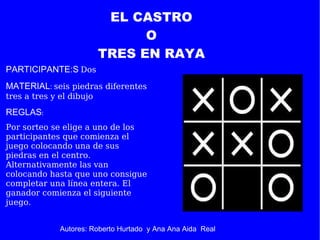 PARTICIPANTE:S   Dos MATERIAL :   seis piedras diferentes tres a tres y el dibujo  REGLAS :  Por sorteo se elige a uno de ...