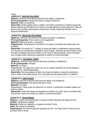 Voley:
JUEGO Nº1: BALÓN VOLADOR
Objetivo: Dominar de la técnica del toque de dedos y antebrazo.
Nº de participantes: Desde dos hasta un grupo numeroso.
Material: Balón por persona.
Desarrollo: Cada jugador tiene un balón, a la señal, comienzan a realizar toques de
dedos dejando que el balón de un bote en el suelo detrás de cada ejecución. Gana el
alumno que consiga más toques consecutivos. Puede realizarse también con el
toque de antebrazos.
JUEGO Nº2: RELEVOS EN PARED
Objetivos: Dominar de la técnica del toque de dedos y antebrazo.
Nº de participantes: Entre cuatro y ocho jugadores.
Material: Balón por grupo y una pared.
Organización: Cada grupo en fila frente a la pared y el primero de cada grupo con
su balón.
Desarrollo: A la señal, el 1º, realiza un toque de dedos o antebrazos hacia la pared
de manera que el siguiente compañero hace el gesto, después de que el balón toque
el suelo. El jugador que toca el balón corre hacia la ultima posición. Gana el equipo
que consiga cuatro rotaciones seguidas sin perder el control del balón.
JUEGO Nº 3: VOLEIBOL-TENIS
Objetivos: Dominar de la técnica del toque de dedos y antebrazos.
Nº de participantes: Parejas.
Material: Un balón.
Organización: se juega uno contra uno, en un campo reducido con la red situada a
unos 2,50-3m, aproximadamente..
Desarrollo: Hay que golpear el balón con toque de dedos o toque de antebrazos,
tras un bote en el campo propio. Si no se posee red se puede utilizar un elástico.
JUEGO Nº 4: DIEZ PASES
Objetivo: Dominar la técnica del toque de dedos y de antebrazo.
Nº de participantes: Dos grupos de seis a ocho.
Material: Un balón.
Organización: cada grupo se coloca en un círculo, y comienzan a realizar pases con
bote en medio.
Desarrollo: Cada diez pases conseguidos se obtiene un punto, pero si el balón bota
mas de dos veces en el suelo se vuelve a contar de principio.
JUEGO Nº 5: VOLEITENIS2
Objetivo: Lograr que el adversario no toque el balón después del segundo bote.
Ámbito: Iniciación al voleibol
Material: Pelota de voleiball, un espacio de 4mts X 2mts
Edad: De 9 años en adelante
Organización: Se mide el espacio requerido (si son 1 por lado 2mts X 2mts,si son 2
por lado 4mts X 4mts)
 