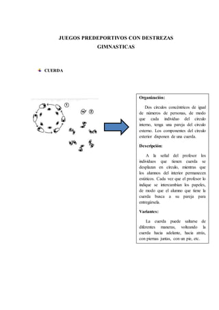 JUEGOS PREDEPORTIVOS CON DESTREZAS
GIMNASTICAS
CUERDA
Organización:
Dos círculos concéntricos de igual
de números de personas, de modo
que cada individuo del circulo
interno, tenga una pareja del circulo
externo. Los componentes del círculo
exterior disponen de una cuerda.
Descripción:
A la señal del profesor los
individuos que tienen cuerda se
desplazan en círculo, mientras que
los alumnos del interior permanecen
estáticos. Cada vez que el profesor lo
indique se intercambian los papeles,
de modo que el alumno que tiene la
cuerda busca a su pareja para
entregársela.
Variantes:
La cuerda puede saltarse de
diferentes maneras, volteando la
cuerda hacia adelante, hacia atrás,
con piernas juntas, con un pie, etc.
 
