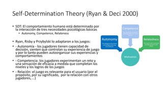 Self-Determination Theory (Ryan & Deci 2000)
• SDT: El comportamiento humano está determinado por
la interacción de tres necesidades psicológicas básicas
• Autonomy, Competence, Relateness
• Ryan, Risby y Przybylski lo adaptaron a los juegos:
• - Autonomía - los jugadores tienen capacidad de
decisión, sienten que controlan su experiencia de juego
y por lo tanto pueden autoorganizar sus experiencias y
comportamientos
• - Competencia: los jugadores experimentan un reto y
una sensación de eficacia a medida que completan los
niveles y los logros de los juegos
• - Relación: el juego es relevante para el usuario (por el
propósito, por su significado, por la relación con otros
jugadores, …)
 
