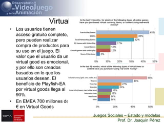 Virtual Goods.Los usuarios tienen acceso gratuito completo, pero pueden realizar compra de productos para su uso en el juego. El valor que el usuario da un virtual good es emocional, y por ello son creados basados en lo que los usuarios desean. El beneficio de Playfish-EA por virtual goods llega al 90%.En EMEA 700 millones de € en Virtual Goods