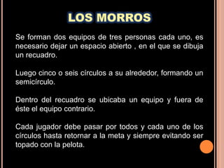 LOS MORROS
Se forman dos equipos de tres personas cada uno, es
necesario dejar un espacio abierto , en el que se dibuja
un recuadro.

Luego cinco o seis círculos a su alrededor, formando un
semicírculo.

Dentro del recuadro se ubicaba un equipo y fuera de
éste el equipo contrario.

Cada jugador debe pasar por todos y cada uno de los
círculos hasta retornar a la meta y siempre evitando ser
topado con la pelota.
 