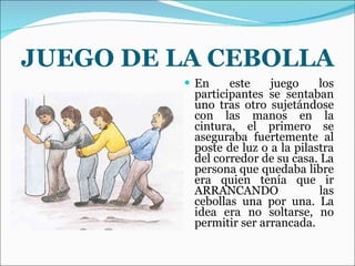 JUEGO DE LA CEBOLLA En este juego los participantes se sentaban uno tras otro sujetándose con las manos en la cintura, el primero se aseguraba fuertemente al poste de luz o a la pilastra del corredor de su casa. La persona que quedaba libre era quien tenía que ir ARRANCANDO las cebollas una por una. La idea era no soltarse, no permitir ser arrancada. 