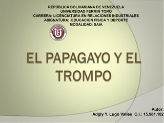 REPÚBLICA BOLIVARIANA DE VENEZUELA
            UNIVERSIDAD FERMIN TORO
CARRERA: LICENCIATURA EN RELACIONES INDUSTRIALES
    ASIGNATURA: EDUCACION FISICA Y DEPORTE
                 MODALIDAD: SAIA




                                                         Autor:
                          Adgly Y. Lugo Valles C.I.: 15.981.182
 