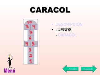 CARACOL DESCRIPCIÓN JUEGOS: -  CARACOL Siguiente Menú Anterior 