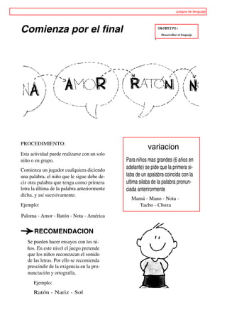 Juegos de lenguaje




Comienza por el final                                            OBJETIVO:
                                                                  Desarrollar el lenguaje
                                                             v




PROCEDIMIENTO:
                                                         variacion
Esta actividad puede realizarse con un solo
niño o en grupo.                              Para niños mas grandes (6 años en
Comienza un jugador cualquiera diciendo       adelante) se pide que la primera si-
una palabra, el niño que le sigue debe de-    laba de un apalabra coincida con la
cir otra palabra que tenga como primera       ultima silaba de la palabra pronun-
letra la última de la palabra anteriormente   ciada anterirormente
dicha, y así sucesivamente.
                                                Mamá - Mano - Nota -
Ejemplo:                                          Tacho - Choza

Paloma - Amor - Ratón - Nota - América


      - RECOMENDACION
   Se pueden hacer ensayos con los ni-
   ños. En este nivel el juego pretende
   que los niños reconozcan el sonido
   de las letras. Por ello se recomienda
   prescindir de la exigencia en la pro-
   nunciación y ortografía.
      Ejemplo:
      Ratón - Nariz - Sol
 