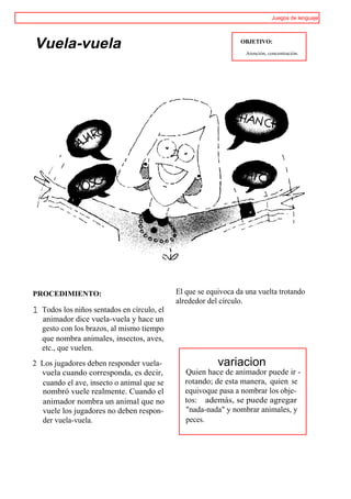 Juegos de lenguaje




Vuela-vuela                                                       OBJETIVO:
                                                                    Atención, concentración.




PROCEDIMIENTO:                                El que se equivoca da una vuelta trotando
                                              alrededor del círculo.
1   Todos los niños sentados en círculo, el
    animador dice vuela-vuela y hace un
    gesto con los brazos, al mismo tiempo
    que nombra animales, insectos, aves,
    etc., que vuelen.
2 Los jugadores deben responder vuela-                     variacion
  vuela cuando corresponda, es decir,           Quien hace de animador puede ir -
  cuando el ave, insecto o animal que se        rotando; de esta manera, quien se
  nombró vuele realmente. Cuando el             equivoque pasa a nombrar los obje-
  animador nombra un animal que no              tos: además, se puede agregar
  vuele los jugadores no deben respon-          "nada-nada" y nombrar animales, y
  der vuela-vuela.                              peces.
 