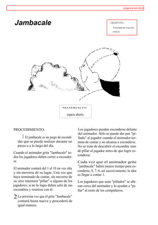 Juegos al aire libre




Jambacale                                                                OBJETIVO:
                                                                          Velocidad de reacción,
                                                                          astucia.




                                    MATERIALES:


                                       espacio abierto.



PROCEDIMIENTO:                                  Los jugadores pueden esconderse delante
                                                del animador. Sólo se puede dar por "pi-
      1 El jambacale es un juego de escondi-    llado" al jugador cuando el animador ter-
   das que se puede realizar durante un         mina de contar y no alcanza a esconderse.
   paseo o a lo largo del día.                  No se trata de descubrir el escondite sino
                                                de pillar al jugador antes de que logre es-
Cuando el animador grita "Jambacale" to-
                                                conderse.
dos los jugadores deben correr a esconder-
se.                                             Cada vez que el animador grite
                                                "jambacale" habrá menos tiempo para es-
El animador contará del 1 al 10 en voz alta
                                                conderse, 8, 7, 6, así sucesivamente; la idea
y sin moverse de su lugar. Una vez que
                                                es llegar a contar 1.
haya terminado de contar, sin moverse de
su sitio intentará "pillar" a alguno de los     Los jugadores que sean "pillados" se ubi-
jugadores; si no lo logra deben salir de sus    can cerca del animador y lo ayudan a "pi-
escondites y reunirse con él.                   llar" al resto de los compañeros.
2 La próxima vez que él grite "Jambacale"
   contará hasta nueve y procederá de
   igual manera.
 