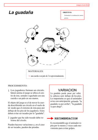 Juegos al aire libre




La guadaña                                                          OBJETIVO:
                                                                         Estimular la coodinación motriz

                                                                         gruesa.




                       MATERIALES:

                          una cuerda o un palo de 2 m aproximadamente.



PROCEDIMIENTO:

1 Los jugadores forman un círculo.                            VARIACION
   Quien anima el juego se ubica al cen-           La guadaña puede pasar por sobre
   tro de éste, sentado o agachado con una         la cabeza o por debajo de los pies.
   cuerda o un palo en sus manos.                  Lo importante es que el animador
                                                   avise con anticipación gritando "la
El objeto del juego es el de mover la cuer-
                                                   guadaña va por arriba", "la guadaña
da describiendo un círculo en el suelo de
                                                   va por abajo".
tal modo que el extremo de ésta pase por
debajo de los pies de los jugadores. Estos
deben evitar ser tocados por la "guadaña".
2 jugador que ha sido tocado debe re-                    RECOMENDACION
  tirarse del círculo.
                                                   Es recomendable que el animador re-
Pueden hacerse variaciones y, en el caso           pita por lo menos 2 veces cada mo-
de ser tocados, pueden dar prendas.                vimiento para evitar golpes.
 