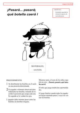 Juegos al aire libre




 ¡Pasará... pasaráy                                                     OBJETIVO:
                                                                         Estimularla capacidad de

 qué botella caerá l                                                     orientación espacial y de
                                                                         motricidad gruesa.




                                    MATERIALES:

                                        varias botellas.




PROCEDIMIENTO:                                    Mientras tanto, el resto de los niños repe-
                                                  tirá en coro: ¡ Pasará, pasará, qué bote-
1   Se distribuirán las botellas en el suelo      lla caerá!
    en una posición determinada.
                                                  El niño que juega tendrá dos oportunida-
2 Un jugador voluntario observará dete-           des.
  nidamente las botellas, tratando de re-
  cordar la posición que ocupa cada una.          El juego finaliza cuando todos los jugado-
  En seguida se le vendan los ojos.               res hayan intentado pasar 2 veces sin vol-
                                                  tear las botellas.
3 jugador debe intentar pasar entre las
  botellas sin derribar ninguna.
 