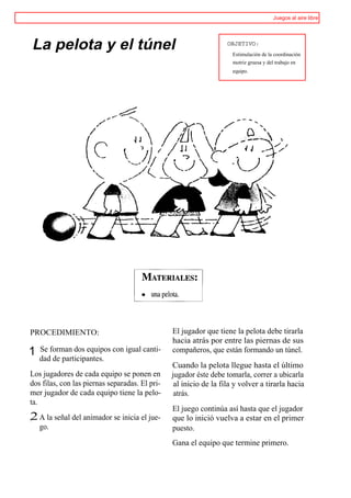 Juegos al aire libre




La pelota y el túnel                                               OBJETIVO:
                                                                     Estimulación de la coordinación
                                                                     motriz gruesa y del trabajo en
                                                                     equipo.




PROCEDIMIENTO:                                  El jugador que tiene la pelota debe tirarla
                                                hacia atrás por entre las piernas de sus
1   Se forman dos equipos con igual canti-      compañeros, que están formando un túnel.
    dad de participantes.
                                                Cuando la pelota llegue hasta el último
Los jugadores de cada equipo se ponen en        jugador éste debe tomarla, correr a ubicarla
dos filas, con las piernas separadas. El pri-    al inicio de la fila y volver a tirarla hacia
mer jugador de cada equipo tiene la pelo-        atrás.
ta.
                                                El juego continúa así hasta que el jugador
,2 A la señal del animador se inicia el jue-    que lo inició vuelva a estar en el primer
    go.                                         puesto.
                                                Gana el equipo que termine primero.
 