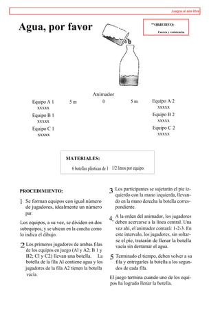 Juegos al aire libre




Agua, por favor                                                                "'OBJETIVO:
                                                                                  Fuerza y resistencia.




                                         Animador
       Equipo A 1          5m                0                    5m           Equipo A 2
         xxxxx                                                                   xxxxx
       Equipo B 1                                                              Equipo B 2
         xxxxx                                                                   xxxxx
       Equipo C 1                                                              Equipo C 2
         xxxxx                                                                   xxxxx



                         MATERIALES:
                            6 botellas plásticas de 1 1/2 litros por equipo.



PROCEDIMIENTO:                                      3 Los participantes se sujetarán elllevan-
                                                      quierdo con la mano izquierda,
                                                                                        pie iz-

1   Se forman equipos con igual número                  do en la mano derecha la botella corres-
    de jugadores, idealmente un número                  pondiente.
    par.
Los equipos, a su vez, se dividen en dos
                                                    4, A la orden del animador, los jugadores
                                                       deben acercarse a la línea central. Una
subequipos, y se ubican en la cancha como               vez ahí, el animador contará: 1-2-3. En
lo indica el dibujo.                                    este intervalo, los jugadores, sin soltar-
                                                        se el pie, tratarán de llenar la botella
2 Los primeros jugadores de ambas filas                 vacía sin derramar el agua.
    de los equipos en juego (Al y A2; B 1 y
    B2; Cl y C2) llevan una botella. La             5 Terminado el tiempo, deben volver a su
    botella de la fila Al contiene agua y los           fila y entregarles la botella a los segun-
    jugadores de la fila A2 tienen la botella           dos de cada fila.
     vacía.
                                                    El juego termina cuando uno de los equi-
                                                    pos ha logrado llenar la botella.
 
