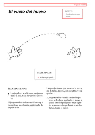 Juegos al aire libre




El vuelo del huevo                                                    OBJETIVO:
                                                                       Coordinación ojo-mano,

                                                                       audacia.




                                     MATERIALES:

                                        un huevo por pareja.




PROCEDIMIENTO:                                   Las parejas tienen que alcanzar la máxi-
                                                 ma distancia posible, sin que el huevo se
    Los jugadores se ubican en parejas uno       quiebre.
1   frente al otro. Cada pareja tiene un hue-
    vo.                                          2 juego termina cuando a todas las pa-
                                                    rejas se les haya quebrado el huevo o
El juego consiste en lanzarse el huevo y al         quede una sola pareja que haya logra-
momento de hacerlo cada jugador debe dar            do separarse más que las otras sin ha-
un paso atrás.                                      ber quebrado el huevo.
 