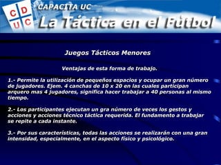 Ventajas de esta forma de trabajo. 1.- Permite la utilización de pequeños espacios y ocupar un gran número de jugadores. Ejem. 4 canchas de 10 x 20 en las cuales participan arquero mas 4 jugadores, significa hacer trabajar a 40 personas al mismo tiempo. 2.- Los participantes ejecutan un gra número de veces los gestos y acciones y acciones técnico táctica requerida. El fundamento a trabajar se repite a cada instante. 3.- Por sus características, todas las acciones se realizarán con una gran intensidad, especialmente, en el aspecto físico y psicológico. Juegos Tácticos Menores 