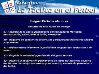 Ventajas de esta forma de trabajo. 9.- Requiere de la apoyo permanente del compañero: Movilidad, desmarcación, saber pedir el balón, mostrarse. 10.- Requiere de constantes coberturas y ubicaciones defensivas rápidas y oportunas. 11.- Mejora ostensiblemente la posibilidad de ganar los duelos con y sin balón. 12.- Propicia la velocidad y perfección del gesto técnico. 13.- Permite la observación permanente de todas las acciones de parte del técnico. Ver mejor los errores y los aciertos, evaluación permanente del juego. Juegos Tácticos Menores 